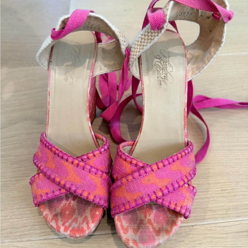 Woven Pink & Orange Ankle-Tie Wedge Sandals